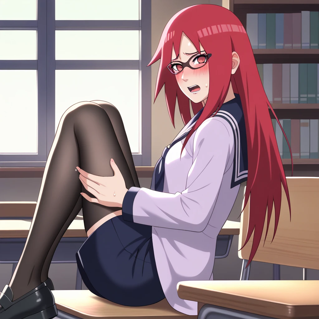 Red hair, 1 Girl, Glasses, Long hair, Red Eyes, Solitary, Sailor Suit, Black over-the-knee stockings, Black shorts, Umbilical cord, Looking at the audience,No students, Japanese cartoons screencap, Japanese cartoons coloring,src_Japanese cartoons,Naruto \(series\), Naruto shippuuden,((blush,nervous,Vision,classroom,bookshelf,sit on the chair,))masterpiece, absurd , (Intricate details), (Colorful), light, Extremely detailed CG Unity 8k wallpaper ,1 Girl, solo,(shy,classroom,night,blush,nervous,Sweating,蕾丝dress, ),sweat,blush,blush1.5,Blush,Medium chest,((dress,Black stockings,)),(dress,Lying in bed,Uncomfortable expression,Mouth open,spit)