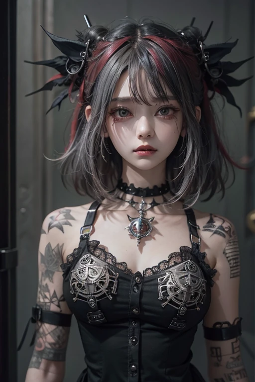 Highest quality、、masterpiece:1.3、Gothic Punk、Red on the inside、Gray Black Hair、hair ornaments、beautiful girl、creative、Punk Shirt、Neogoth、Goth Fashion:1.2、High resolution、masterpiece、Highest quality、頭w:1.3、((Hasselblad Photos))、Fine skin、Sharp focus、(Cinema Lighting)、Explore Tokyo'The city at night beyond the neon lights, Forehead open, 17 years old、Petting'Hair back、Shoulder Bare、Small red rose tattoo on the décolletage、Just one tattoo