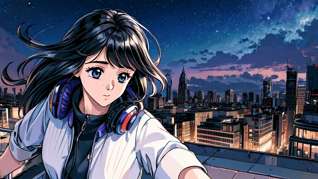 ((masterpiece)),(((Highest quality))),((Super detailed)) Realistically, 1 Girl, beautiful, Wearing headphones, One person　 night景を見てる, city, Starry Sky, building, night.　Long Black Hair　The wind is blowing