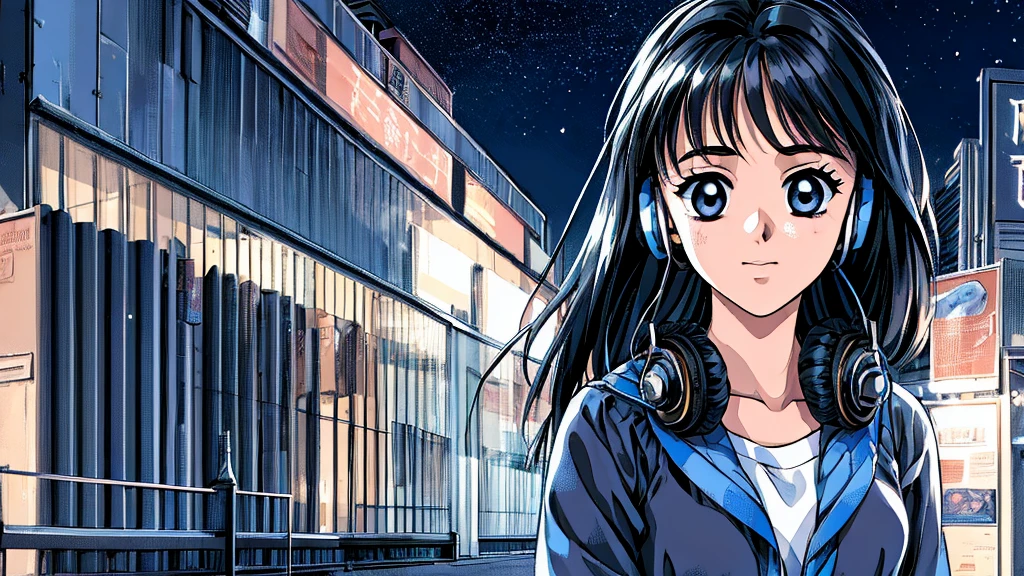 ((masterpiece)),(((Highest quality))),((Super detailed)) Realistically, 1 Girl, beautiful, Wearing headphones, One person　 night景を見てる, city, Starry Sky, building, night.　Long Black Hair　The wind is blowing