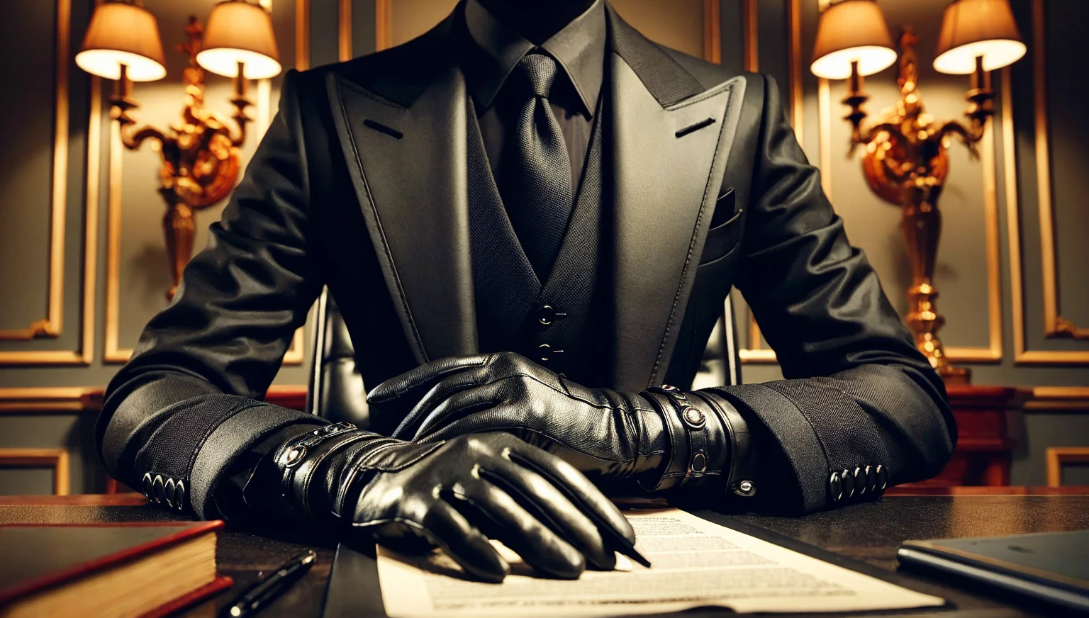 Jet black suit、Black Leather Gloves、Black hair ponytail、Earrings、Japanese women、Signing documents with a fountain pen in the office