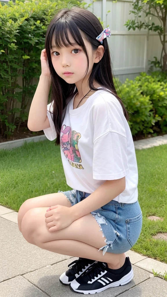 8k,Japanese,,Innocent face,Teenage Girle,Summer clothes,Casual wear,Squat,Black Hair,garden,Hair Clip,