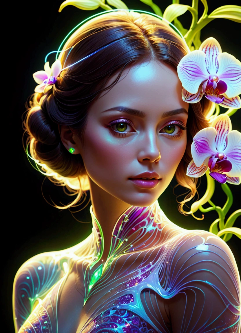 (masterpiece), (best quality), (Super Detail), nothingness, Psychedelic, A mysterious woman, portrait, Colored swirls, orchid, Beautiful and expressive,Layered Outlines,Depth and size,Creative Expression,translucent form,Crystal structure,glowing lines,Fluorescence,Glow Example,Tracking Example,flash,Fluorescence particles,Backlight,translucent,Light particle blur,Lighting Effects