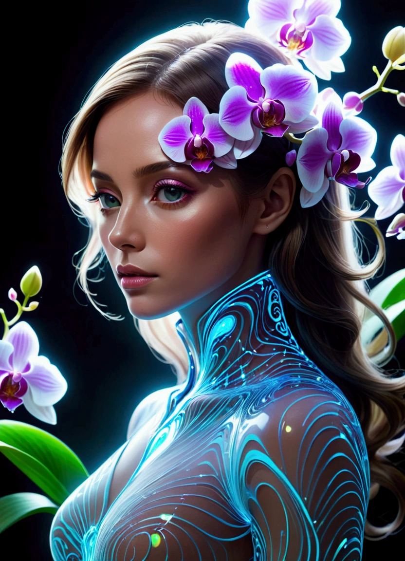 (masterpiece), (best quality), (Super Detail), nothingness, Psychedelic, A mysterious woman, portrait, Colored swirls, orchid, Beautiful and expressive,Layered Outlines,Depth and size,Creative Expression,translucent form,Crystal structure,glowing lines,Fluorescence,Glow Example,Tracking Example,flash,Fluorescence particles,Backlight,translucent,Light particle blur,Lighting Effects