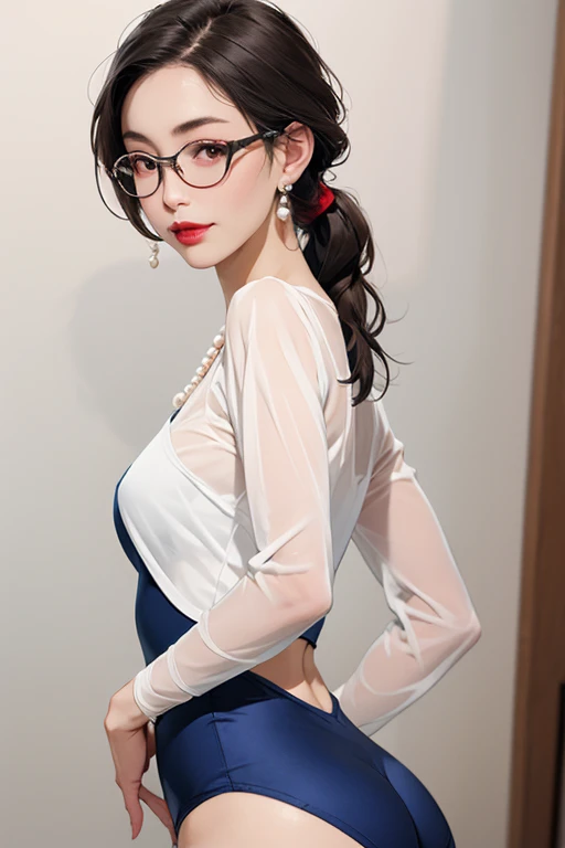 Highest quality, 8k, High resolution, Very detailed, Sensual World, Realistic:1.37, anti-gravity environment, Beautiful Japanese Woman, Mature Woman, Elderly woman, 60 years old, wear glasses, Beautiful ass, Butt Emphasis, Fine lines, Beautiful Lips, Red lipstick, Pearl Earrings, Pearl Necklace, Low Ponytail, Leotard costume, See-through fabric, 