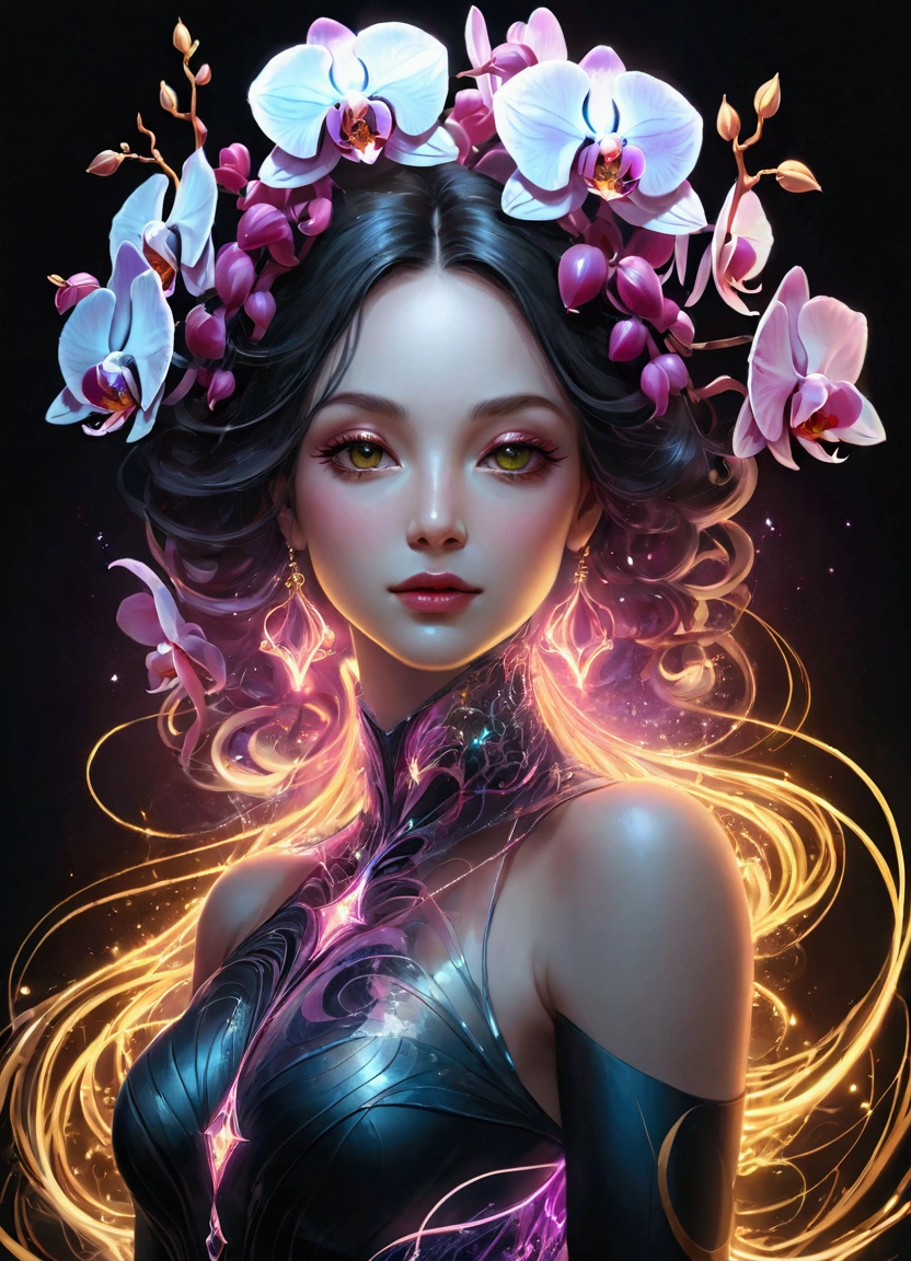 (masterpiece), (best quality), (Super Detail), nothingness, Psychedelic, A mysterious woman, portrait, Colored swirls, orchid, Beautiful and expressive,Layered Outlines,Depth and size,Creative Expression,translucent form,Crystal structure,glowing lines,Fluorescence,Glow Example,Tracking Example,flash,Fluorescence particles,Backlight,translucent,Light particle blur,Lighting Effects