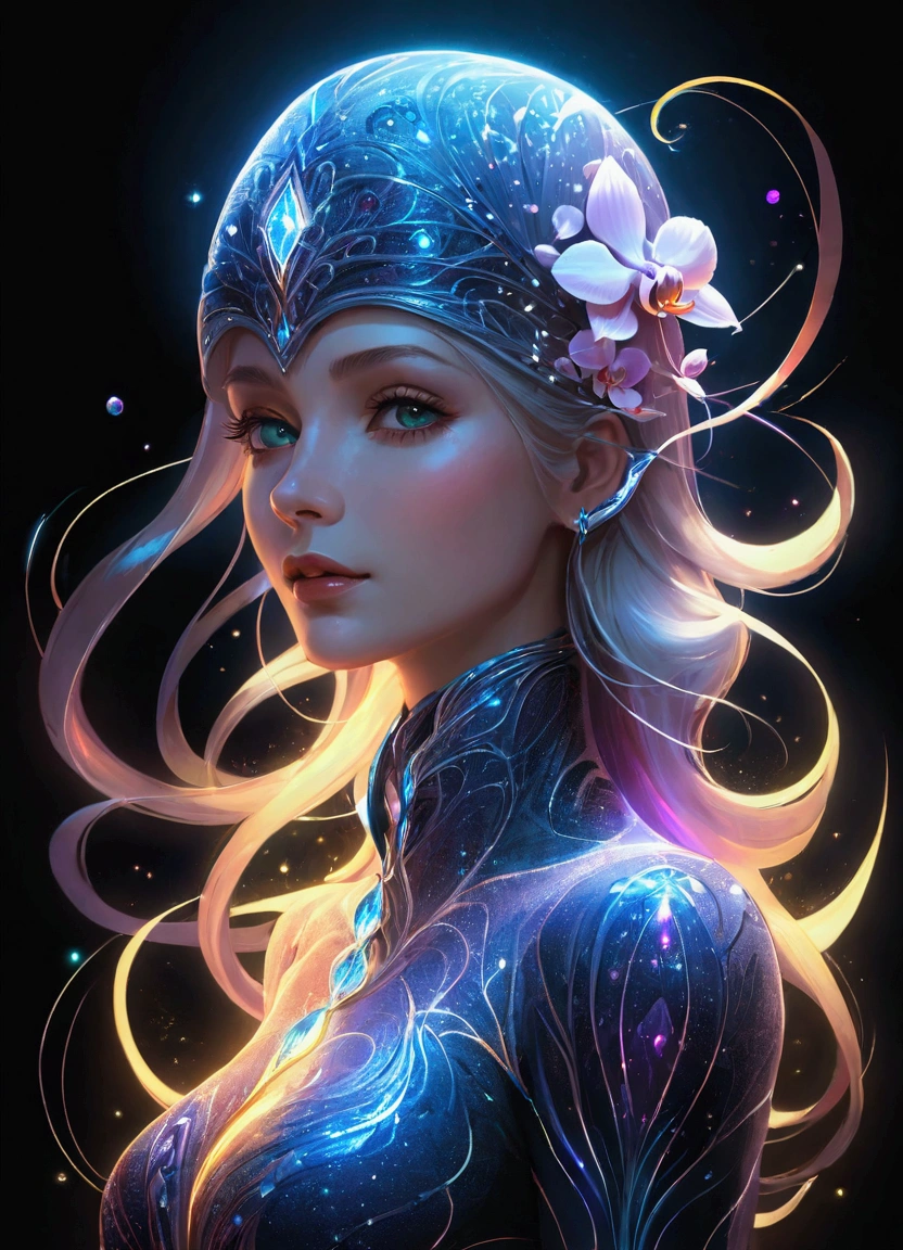 (masterpiece), (best quality), (Super Detail), nothingness, Psychedelic, A mysterious woman, portrait, Colored swirls, orchid, Beautiful and expressive,Layered Outlines，Depth and size，Creative Expression，translucent form，Crystal structure，glowing lines，Fluorescence，Glow Example，Tracking Example，flash，Fluorescence particles，Backlight，translucent，Light particle blur，Lighting Effects