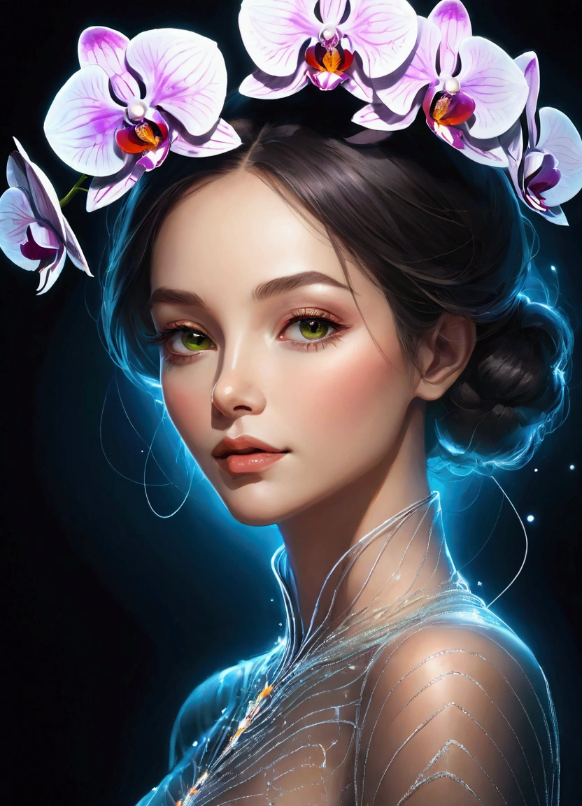 (masterpiece), (best quality), (Super Detail), nothingness, Psychedelic, A mysterious woman, portrait, Colored swirls, orchid, Beautiful and expressive,Layered Outlines,Depth and size,Creative Expression,translucent form,Crystal structure,glowing lines,Fluorescence,Glow Example,Tracking Example,flash,Fluorescence particles,Backlight,translucent,Light particle blur,Lighting Effects