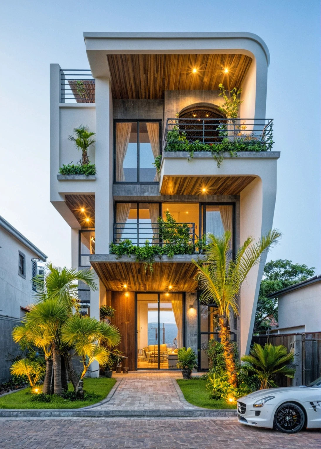 head of'artwork, high quality, best quality, Authentique, Great detail, En plein air, villa de plain-piedXL, groupe aiai, style de maison moderne dans la rue ,stairs, white wall ,road,pavement, grass, trees, sky, nuvens, (day light:1.1)