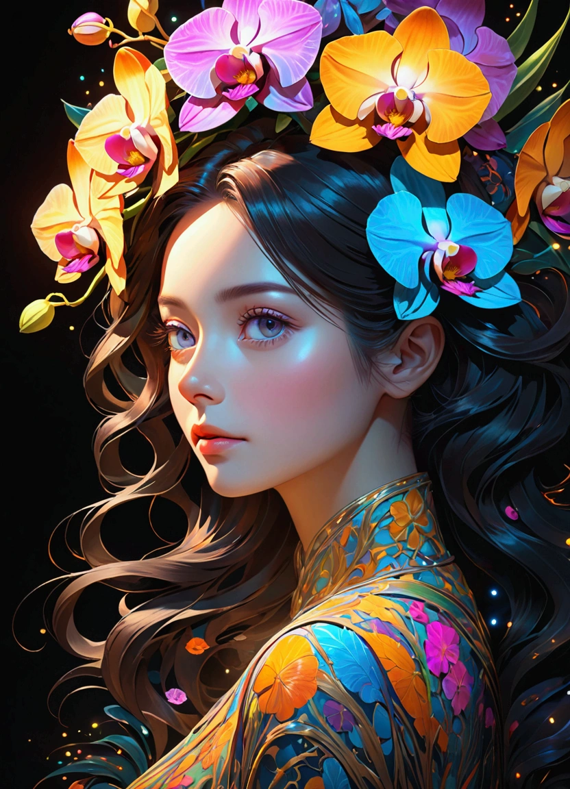 (masterpiece), (best quality), (Super Detail), nothingness, Psychedelic, A mysterious woman, portrait, Colored swirls, orchid, Beautiful and expressive,Layered Outlines，Depth and size，Creative Expression，translucent form，Crystal structure，glowing lines，Fluorescence，Glow Example，Tracking Example，flash，Fluorescence particles，Backlight，translucent，Light particle blur，Lighting Effects