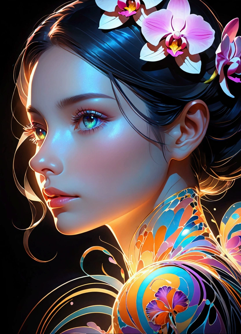 (masterpiece), (best quality), (Super Detail), nothingness, Psychedelic, A mysterious woman, portrait, Colored swirls, orchid, Beautiful and expressive,Layered Outlines,Depth and size,Creative Expression,translucent form,Crystal structure,glowing lines,Fluorescence,Glow Example,Tracking Example,flash,Fluorescence particles,Backlight,translucent,Light particle blur,Lighting Effects