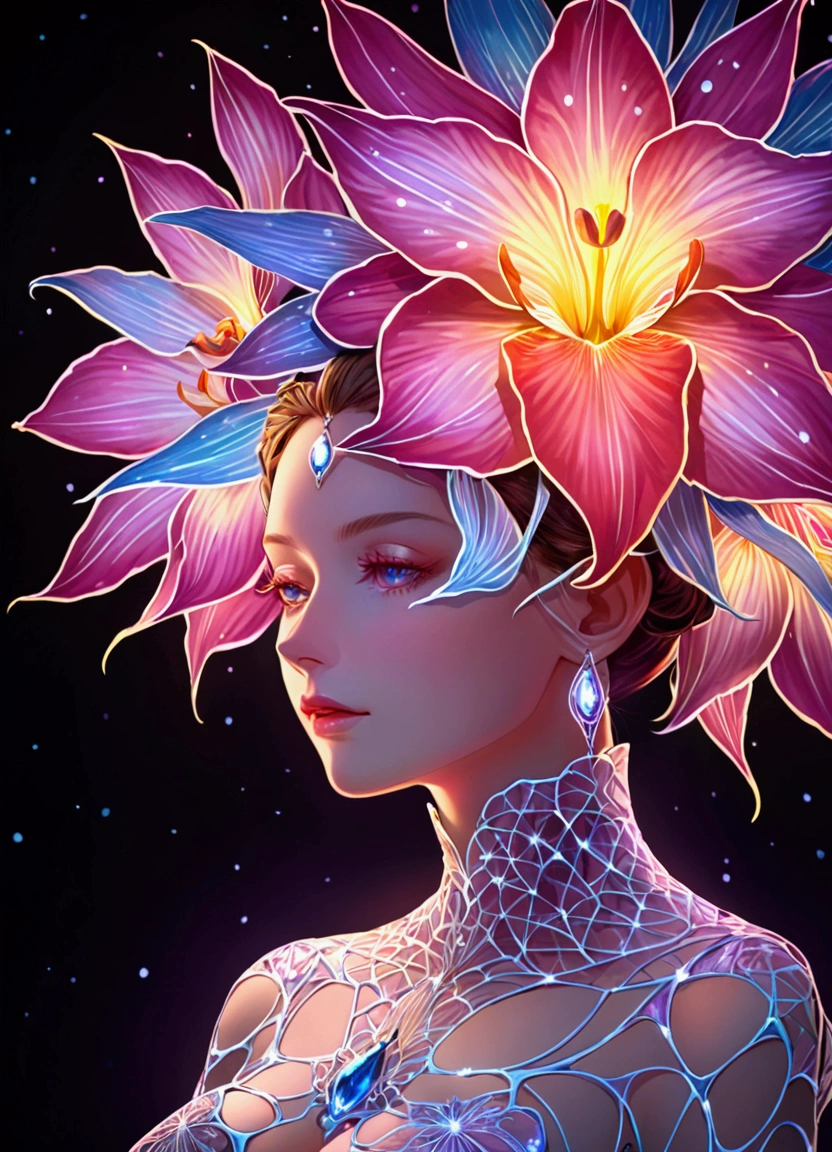 (masterpiece), (best quality), (Super Detail), nothingness, Psychedelic, A mysterious woman, portrait, Colored swirls, orchid, Beautiful and expressive,Layered Outlines，Depth and size，Creative Expression，translucent form，Crystal structure，glowing lines，Fluorescence，Glow Example，Tracking Example，flash，Fluorescence particles，Backlight，translucent，Light particle blur，Lighting Effects