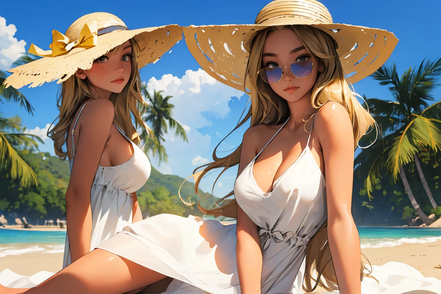 (best quality: 1.2), clean face, (masterpiece: 1.2, 8k) perfect anatomy, 1girl,a beautiful fashion model ,(masterpiece, official art, best quality  shiny hair, blonde hair with streaks in hair, full lips,  big breasts, slutty outfit, cleavage, shiny skin, looking at viewer, (sun dress, sun hat, sun glasses), long abdomen, horizontal, laying seductively