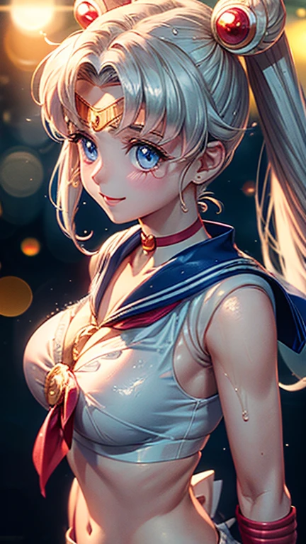 Sailor Moon, ( Upper body close-up shot ), ( Bokeh effect), Stripping , shy, White Bikini, Wet clothes, See through, Cleavage, Wet, anime,Seductive pose, smile, cute, blush, super high quality, Ultra-high resolution, Ultra-realistic, 8k, masterpiece
