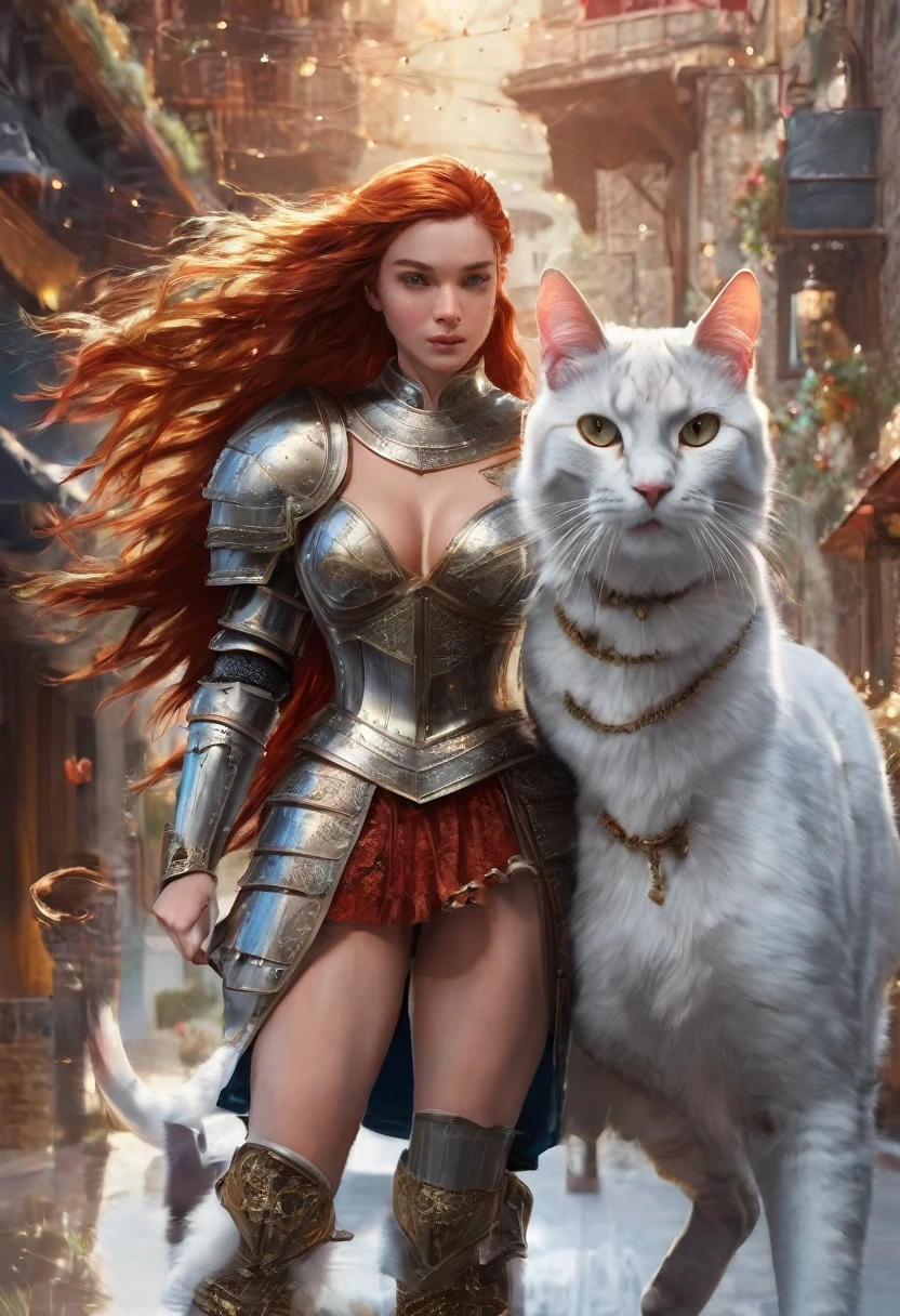 arafed a picture of knight with her  ((giant cat: 1.3)) walking near her in  fantasy street, an ((cat big as a horse)), the cat is wearing armor ready for battle, dynamic color cat BREAK a human knight, full body, ((anatomically correct: 1.5)  walking near him, female knight, red hair, long hair, hair in a pony tail, wearing knight's armor, decorated armor,  high heeled boots,  Hyperrealism style, vibrant, Ultra-high resolution, High Contrast, (masterpiece:1.5), highest quality, Best aesthetics), best details, best quality, highres, ultra wide angle, 16k, [ultra detailed], masterpiece, best quality, (extremely detailed) RAW, 