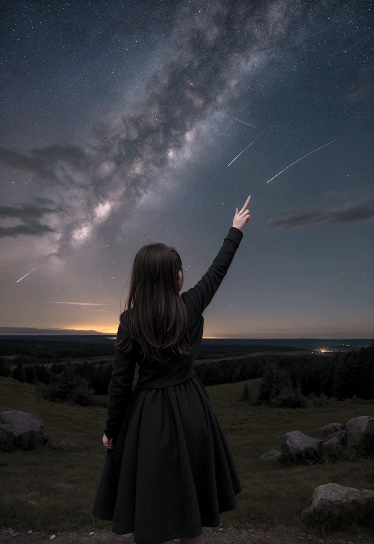 A picture of the back of a girl that is pointing toward a shooting star at a dark gloomy night it should be like a landscape picture.