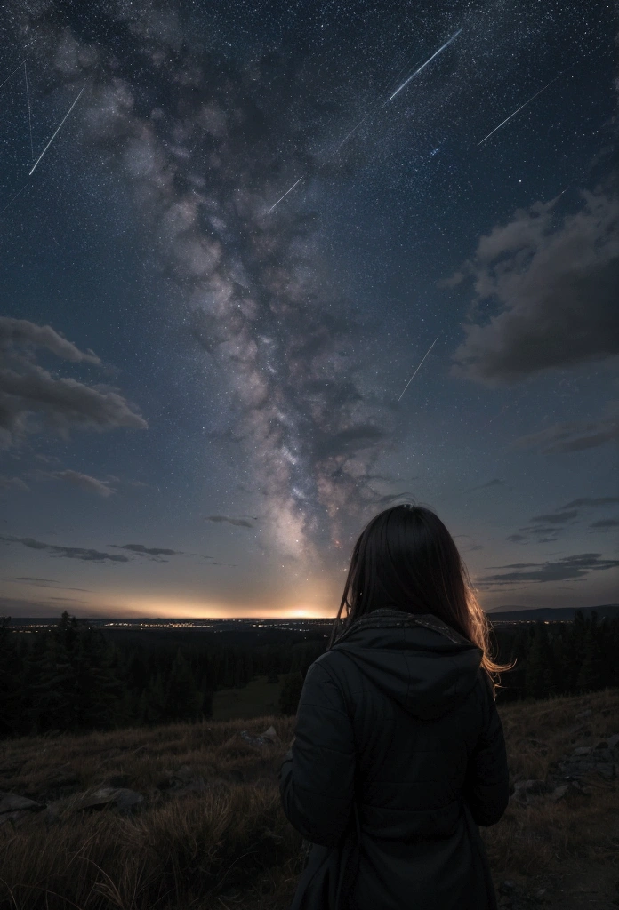 A picture of the back of a girl that is pointing toward a shooting star at a dark gloomy night it should be like a landscape picture.