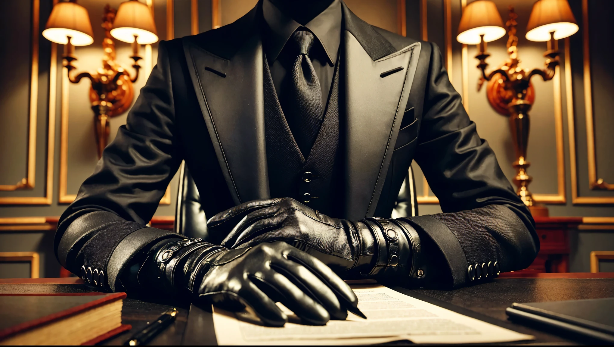 Jet black suit、Black Leather Gloves、Black hair ponytail、Earrings、Japanese women、Signing documents with a fountain pen in the office