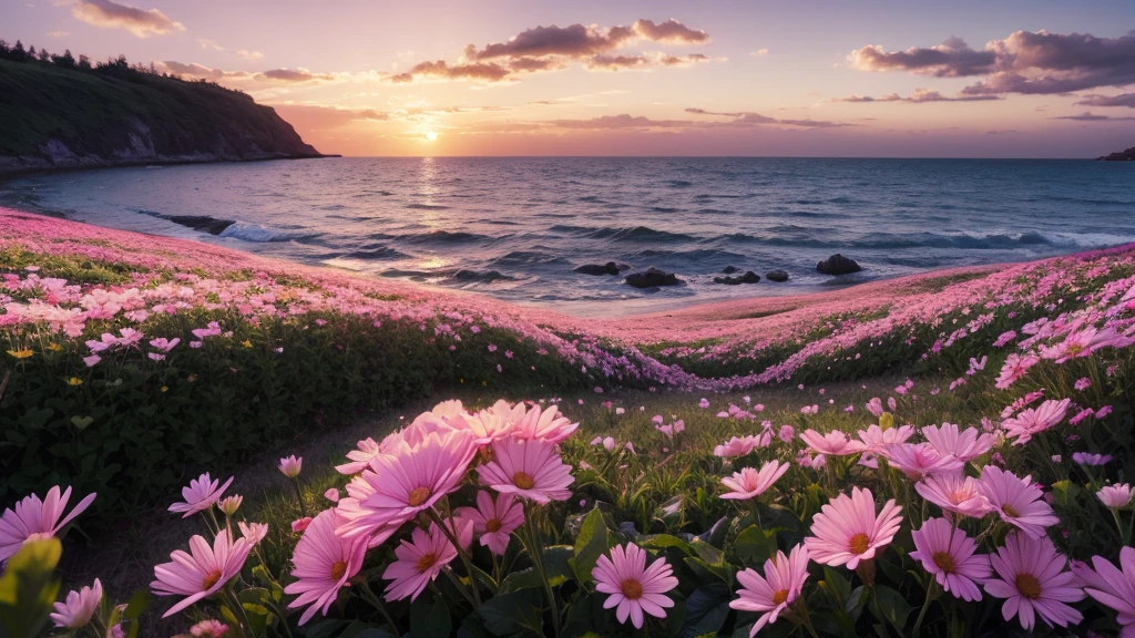 masterpiece , best quality ,sunset, field , pink flower ,white flower , big flower,realistic,seaside