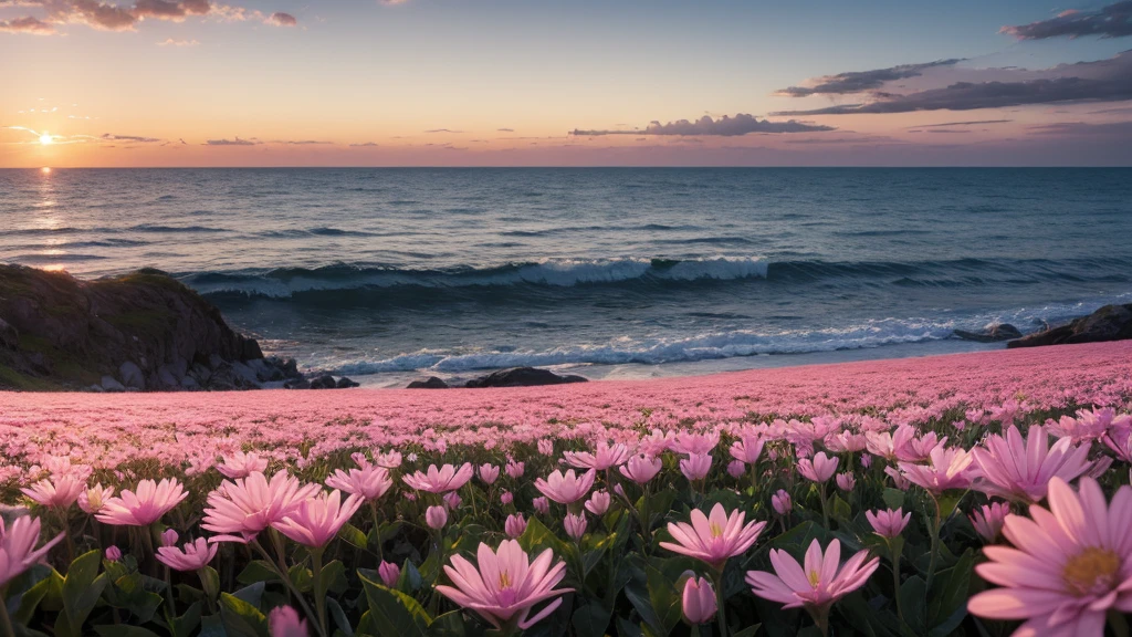 masterpiece , best quality ,sunset, field , pink flower ,white flower , big flower,realistic,seaside