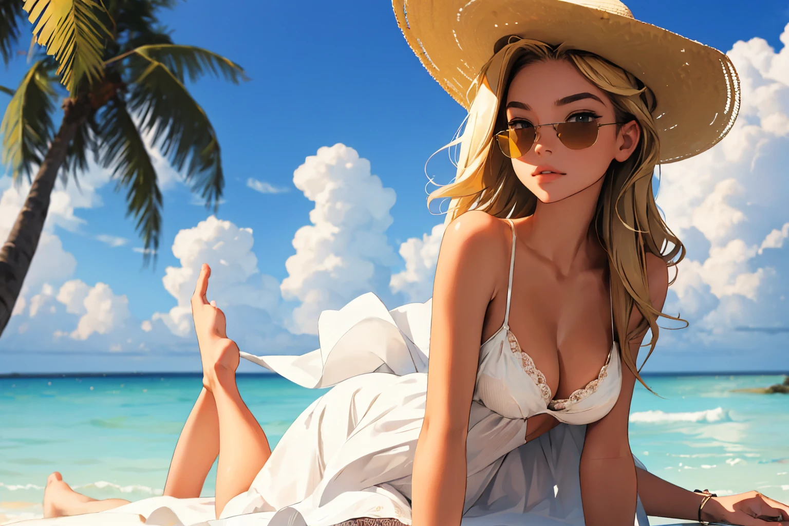 (best quality: 1.2), clean face, (masterpiece: 1.2, 8k) perfect anatomy, 1girl,a beautiful fashion model ,(masterpiece, official art, best quality shiny hair, blonde hair with streaks in hair, full lips, big breasts, slutty outfit, cleavage, shiny skin, looking at viewer, (sun dress, sun hat, sun glasses), long abdomen, horizontal, laying seductively
