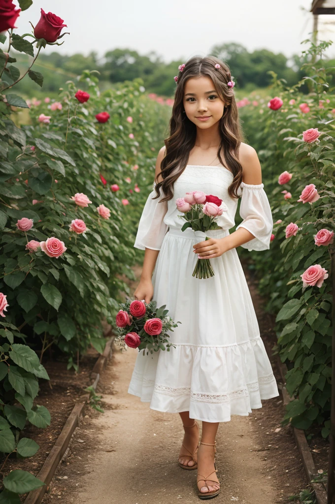 A girl held a rose vase in her hand in a flower garden.