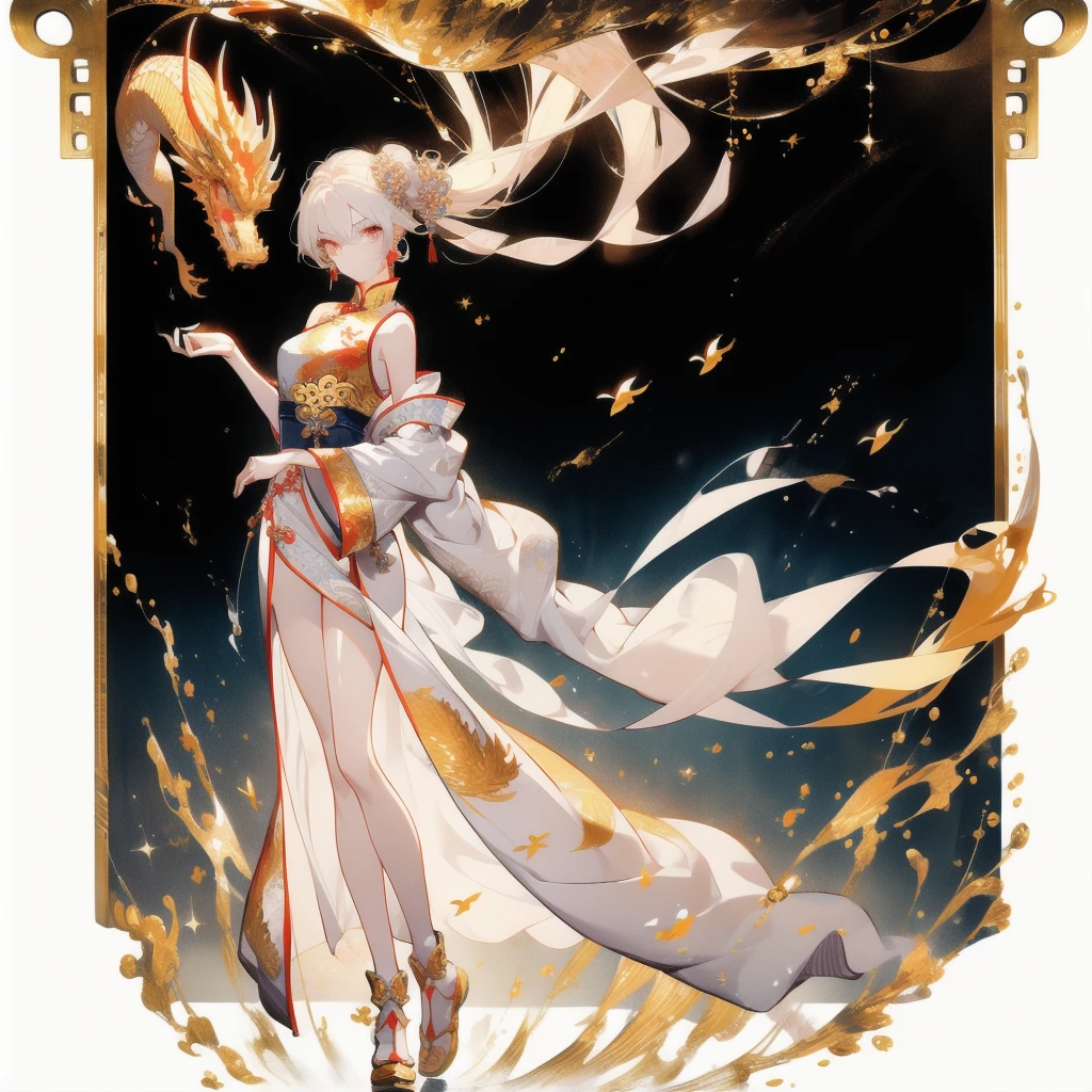 ((masterpiece, best quality)), Delicate face，Beautiful goddess，Chinese clothes,sleeveless, Hammerhead,Golden Dragon Printing，Standing picture，whole body，Perfect body proportions，Long legs，beautiful eyes，Fantasy style，White background，Extremely beautiful，transparent