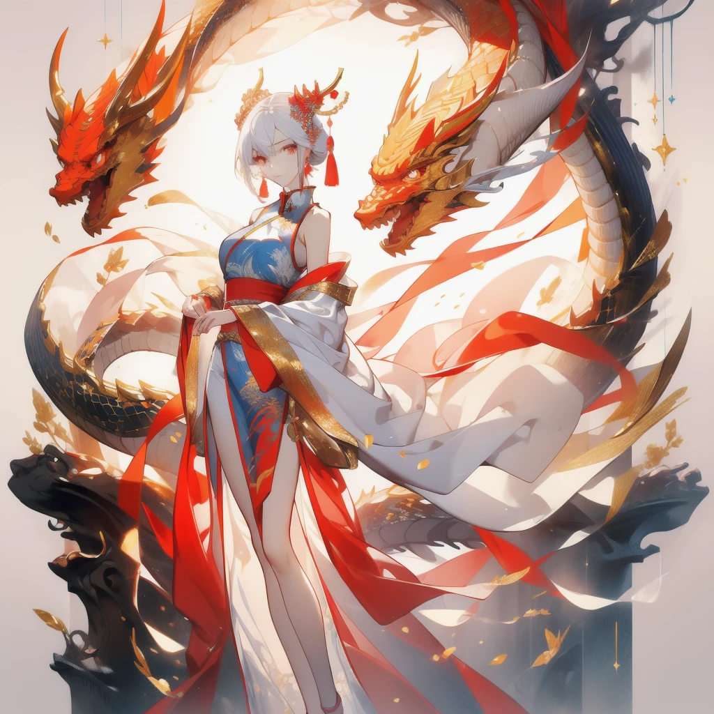 ((masterpiece, best quality)), Delicate face,Beautiful goddess,Chinese clothes,sleeveless, Hammerhead,Golden Dragon Printing,Standing picture,whole body,Perfect body proportions,Long legs,beautiful eyes,Fantasy style,White background,Extremely beautiful,transparent