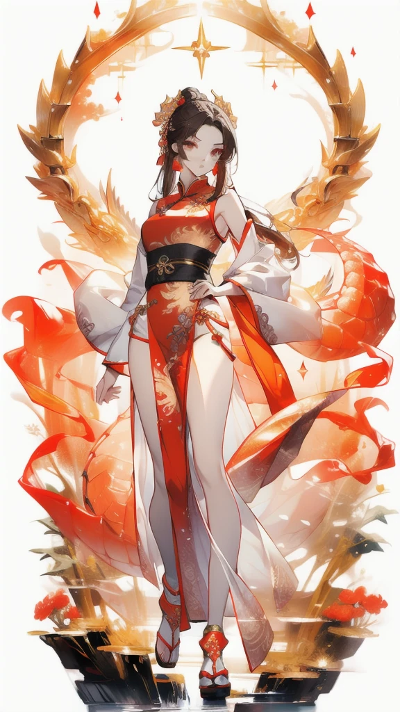((masterpiece, best quality)), Delicate face,Beautiful goddess,Chinese clothes,sleeveless, Hammerhead,Golden Dragon Printing,Standing picture,whole body,Perfect body proportions,Long legs,beautiful eyes,Fantasy style,White background,Extremely beautiful,transparent