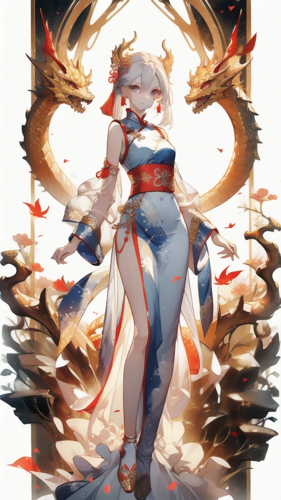 ((masterpiece, best quality)), Delicate face，Beautiful goddess，Chinese clothes,sleeveless, Hammerhead,Golden Dragon Printing，Standing picture，whole body，Perfect body proportions，Long legs，beautiful eyes，Fantasy style，White background，Extremely beautiful，transparent