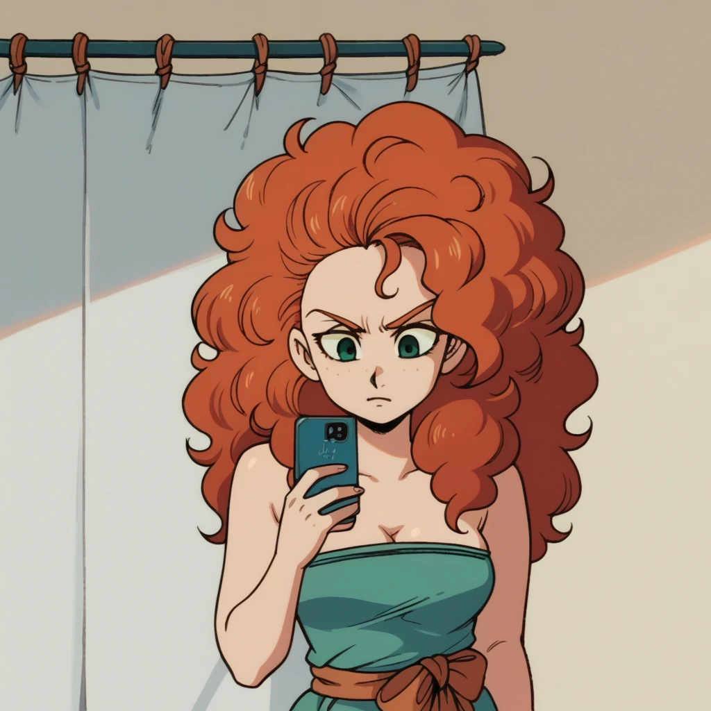 score_9, score_8_up, merida, wrapped in towel, medium breasts, holding phone 