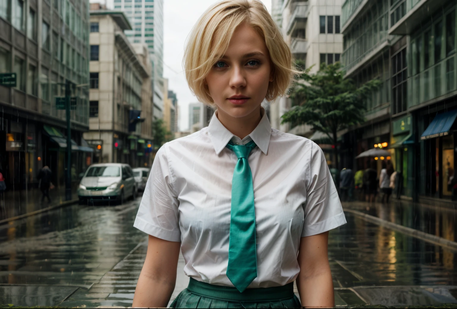 1girl, blond hair, short hair, blue eyes, white shirt, green tie, green skirt, city, rain, detailed background 