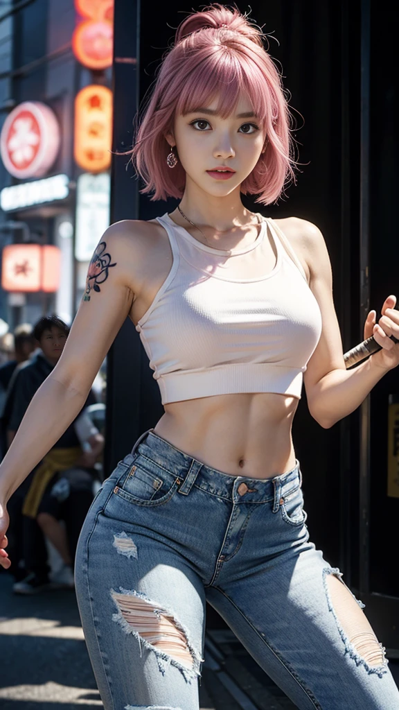 Cute Japanese woman, (16 years old), (very cute face: 1.3), red lips, white moist skin, moles, melancholy expression,
BREAK,
Body of female fitness model, hard-toned feminine body, (muscles: 1.2), (beautiful belly button),
BREAK,
Martial artist, kung fu fighter, idol,
BREAK,
(oversized jeans: 1.3), (tank top), (white sneakers: 1.3), very large earrings, short length,
BREAK,
Short hair, (short bob hair), (bangs: 1.2), (pink hair: 1.3), (wavy hair),
BREAK,
(very large Japanese sword: 1.4), (holding the handle of a Japanese sword in hand: 1.3), (fighting: 1.2), (taking a fighting stance), (beautiful Japanese sword: 1.2)
BREAK,
(Japanese tattoo: 1.4),
BREAK,
Masterpiece, perfect lighting, ultra high resolution, 8K, (Highly detailed: 1.4), (Front view), Looking at camera,
BREAK,
(Red and white radio tower: 1.2), (Large radio tower background: 1.2), (Neon lights: 1.2)