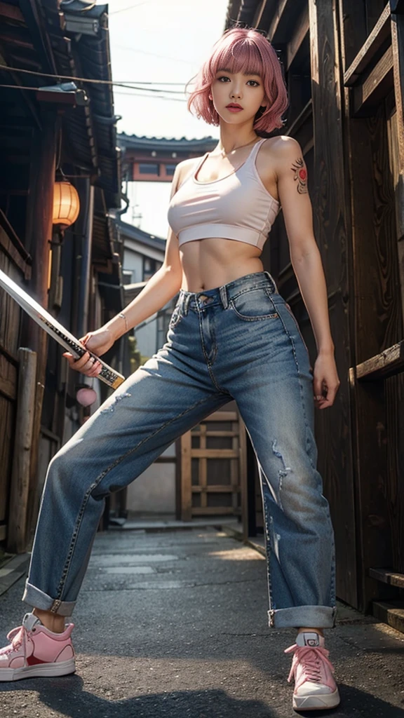 Cute Japanese woman, (), (very cute face: 1.3), red lips, white moist skin, moles, melancholy expression,
BREAK,
Body of female fitness model, hard-toned feminine body, (muscles: 1.2), (beautiful belly button),
BREAK,
Martial artist, kung fu fighter, idol,
BREAK,
(oversized jeans: 1.3), (tank top), (white sneakers: 1.3), very large earrings, short length,
BREAK,
Short hair, (short bob hair), (bangs: 1.2), (pink hair: 1.3), (wavy hair),
BREAK,
(very large Japanese sword: 1.4), (holding the handle of a Japanese sword in hand: 1.3), (fighting: 1.2), (taking a fighting stance), (beautiful Japanese sword: 1.2)
BREAK,
(Japanese tattoo: 1.4),
BREAK,
Masterpiece, perfect lighting, ultra high resolution, 8K, (Highly detailed: 1.4), (Front view), Looking at camera,
BREAK,
(Red and white radio tower: 1.2), (Large radio tower background: 1.2), (Neon lights: 1.2)