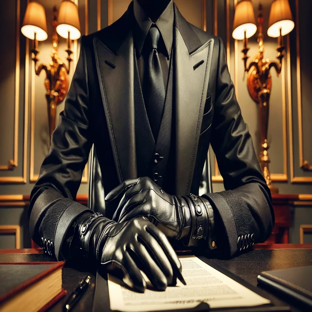 Jet black suit、Black Leather Gloves、Black hair ponytail、Earrings、Japanese women、Signing documents with a fountain pen in the office