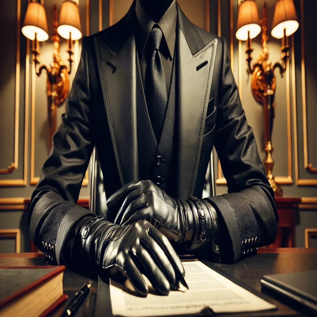 Jet black suit、Black Leather Gloves、Black hair ponytail、Earrings、Japanese women、Signing documents with a fountain pen in the office