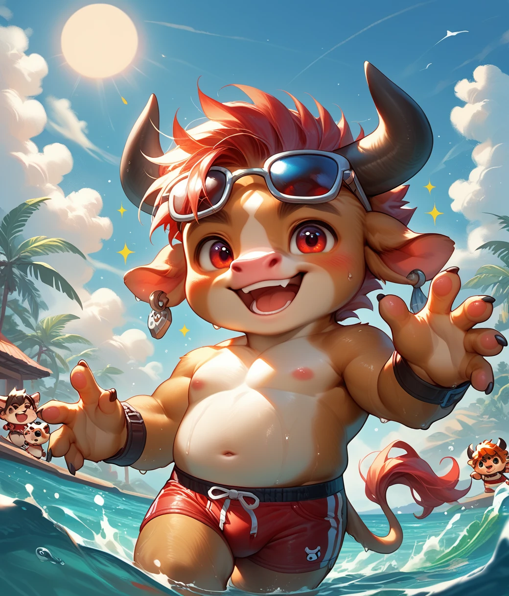 (cute, chubby, anthro, bull cub), chibi, nude, luminiscent red eyes, (((red swim briefs))), blush, smile, open mouth, male focus, day, cloud, water, wet, sparkle, sunglasses, partially submerged, sun, detailxl 
