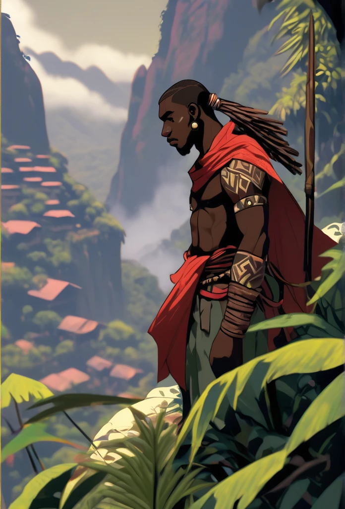 Ultra Realistic, Highly Defined Details, Jungle Tribal Village In The Foreground, Shadowy Distant Back Drop, Rainforest Sensory, Mellow Color Shading Capturing the Mode, Young Adult African Male Villager, Bent Over, Climbing With Hands, Snowy Mountain Peaks, Windy Snow, On Hands and Knees Climbing Ultra Realistic, Highly Defined Details, Jungle Tribal Village In The Foreground, Shadowy Distant Back Drop, Jungle Foggy Misty Rainforest Sensory, Mellow Color Shading Capturing the Mode, Young Adult African Male Villager, Standing Cliff Side View Of the Valley Below, Bone chest plate armor, Lightly armored belt buckle dagger in a sheath, Bone carved Hilt, Long Curved Sword, wrapped in crimson cloth Worn On the Back, Dark Torn Crimson Cloak, Climbing In The Windy Sean, Leaves Blowing