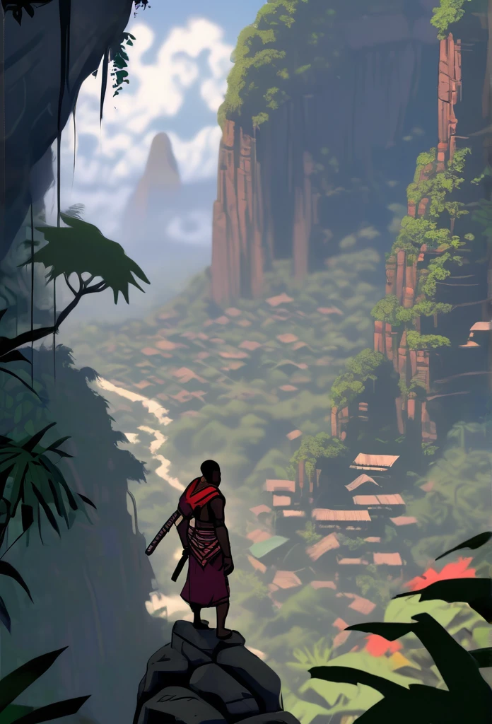 Ultra Realistic, Highly Defined Details, Jungle Tribal Village In The Foreground, Shadowy Distant Back Drop, Rainforest Sensory, Mellow Color Shading Capturing the Mode, Young Adult African Male Villager, Bent Over, Climbing With Hands, Snowy Mountain Peaks, Windy Snow, On Hands and Knees Climbing Ultra Realistic, Highly Defined Details, Jungle Tribal Village In The Foreground, Shadowy Distant Back Drop, Jungle Foggy Misty Rainforest Sensory, Mellow Color Shading Capturing the Mode, Young Adult African Male Villager, Standing Cliff Side View Of the Valley Below, Bone chest plate armor, Lightly armored belt buckle dagger in a sheath, Bone carved Hilt, Long Curved Sword, wrapped in crimson cloth Worn On the Back, Dark Torn Crimson Cloak, Climbing In The Windy Sean, Leaves Blowing