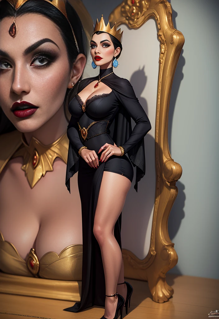 UHD 8k, HDR+, Copyright Disney Disney Villains Snow White and the Seven Dwarfs Character Evil Queen Artist Bunbunmuffinart General 1 girls big breasts breasts naked breasts outside naked breasts female female focus female only Brunette light skin light skinned woman looking at viewer mature woman milf stepmom nipples, brunette with necklace, Large piercing eyes, huge earrings, Giant earrings, gold bracelets on her hands, her long jet black hair flows over her shoulders, black high heels, high heels, black gothic dress, detailed background, realistic, 1 girl, lonely girl, 20 year old girl, ultra realistic face, hyperrealistic, hyper-detailed, (I look at the audience), sharpen, Detailed face, detailed eyes, detailed lips, Red lips, Beautiful face, 16 thousand., Full HD, RAW photo, cute face mesh, beautiful face mesh, 8k portrait shot