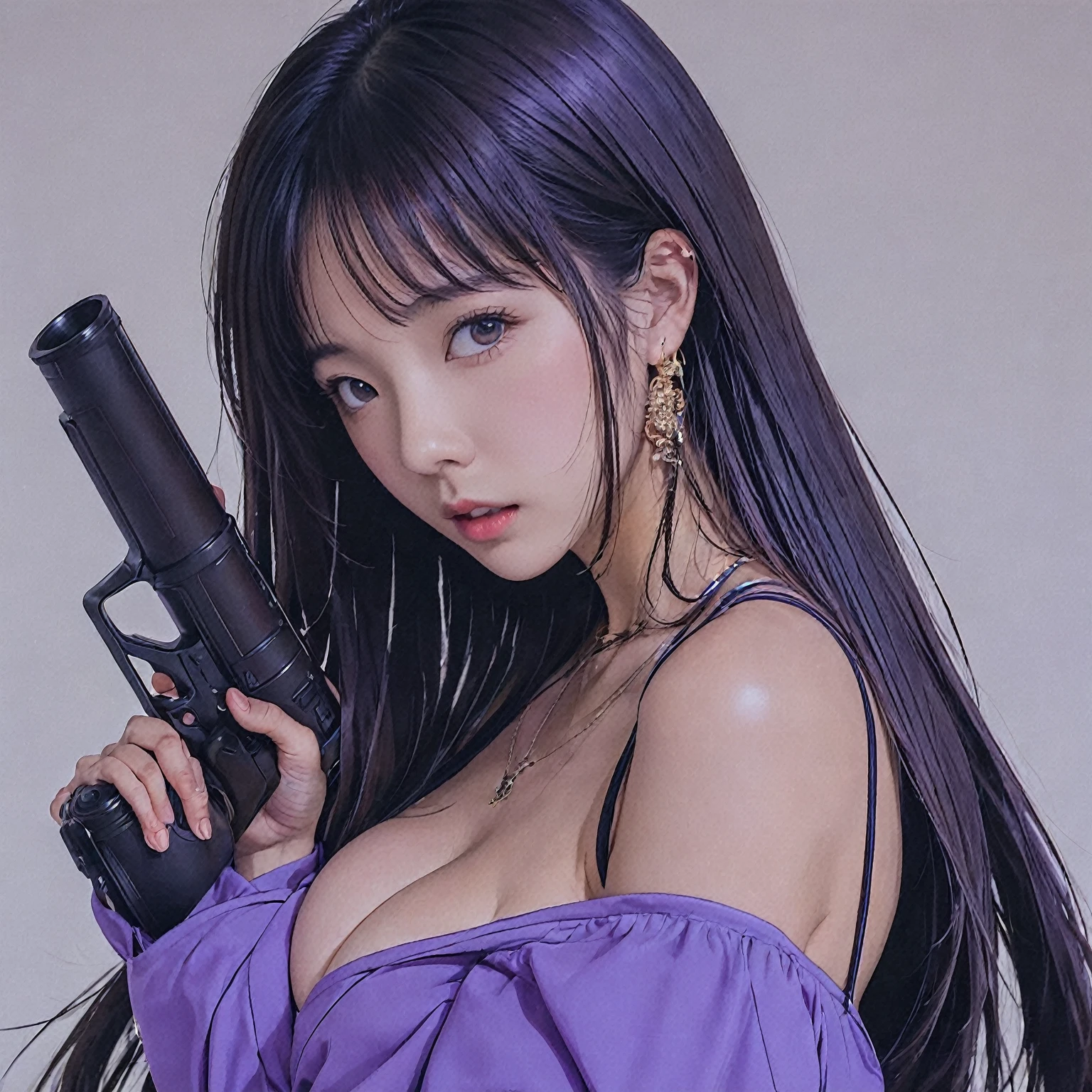 High school girl aiming with large bazookapo on her shoulder, full body shot