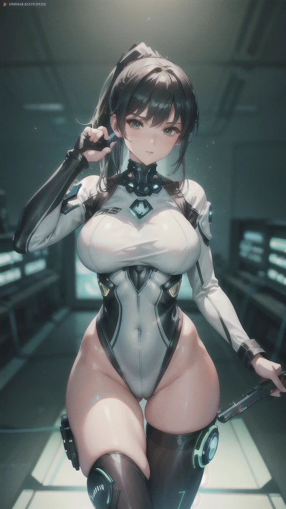 Eve, Stellar blade, Sexy scifi girl,dynamic sexy action pose, holding submachine gun, ponytail, shinny skin-tight white and green bodysuit, cyberpunk, Amateur Photographer, subsurface scattering, film grain, very detailed skin texture, high quality, 35mm photograph, film grain, bokeh, professional, 4k, highly detailed, large breast, thick thighs