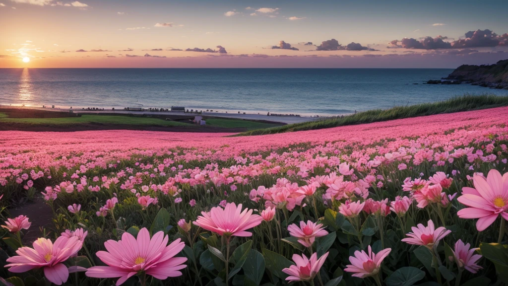 masterpiece , best quality ,sunset, field , pink flower ,white flower , red flower , big flower,realistic,seaside