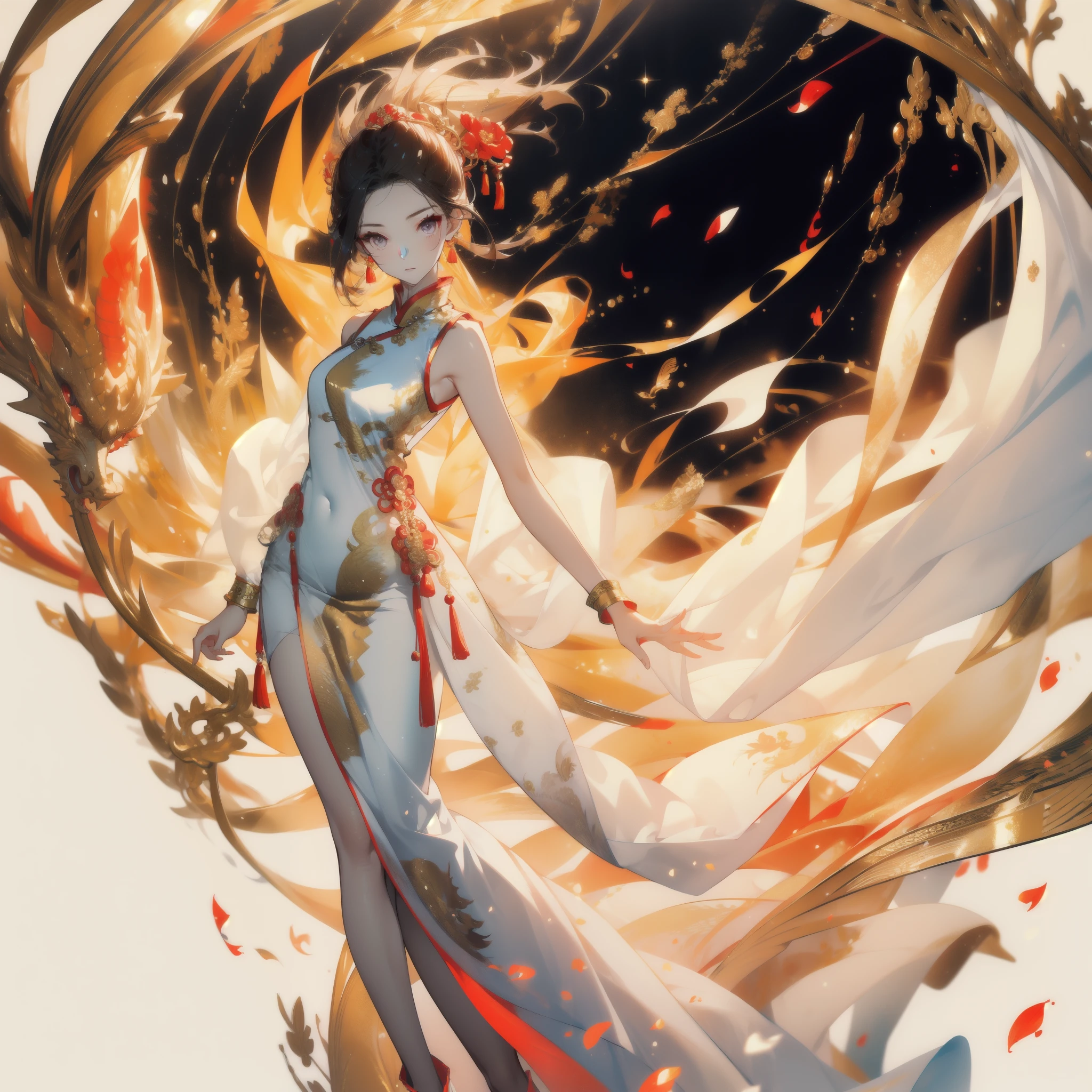 ((masterpiece, best quality)), Delicate face,Beautiful goddess,Chinese clothes,sleeveless, Hammerhead,Golden Dragon Printing,Standing picture,whole body,Perfect body proportions,Long legs,beautiful eyes,Fantasy style,White background,Extremely beautiful,transparent