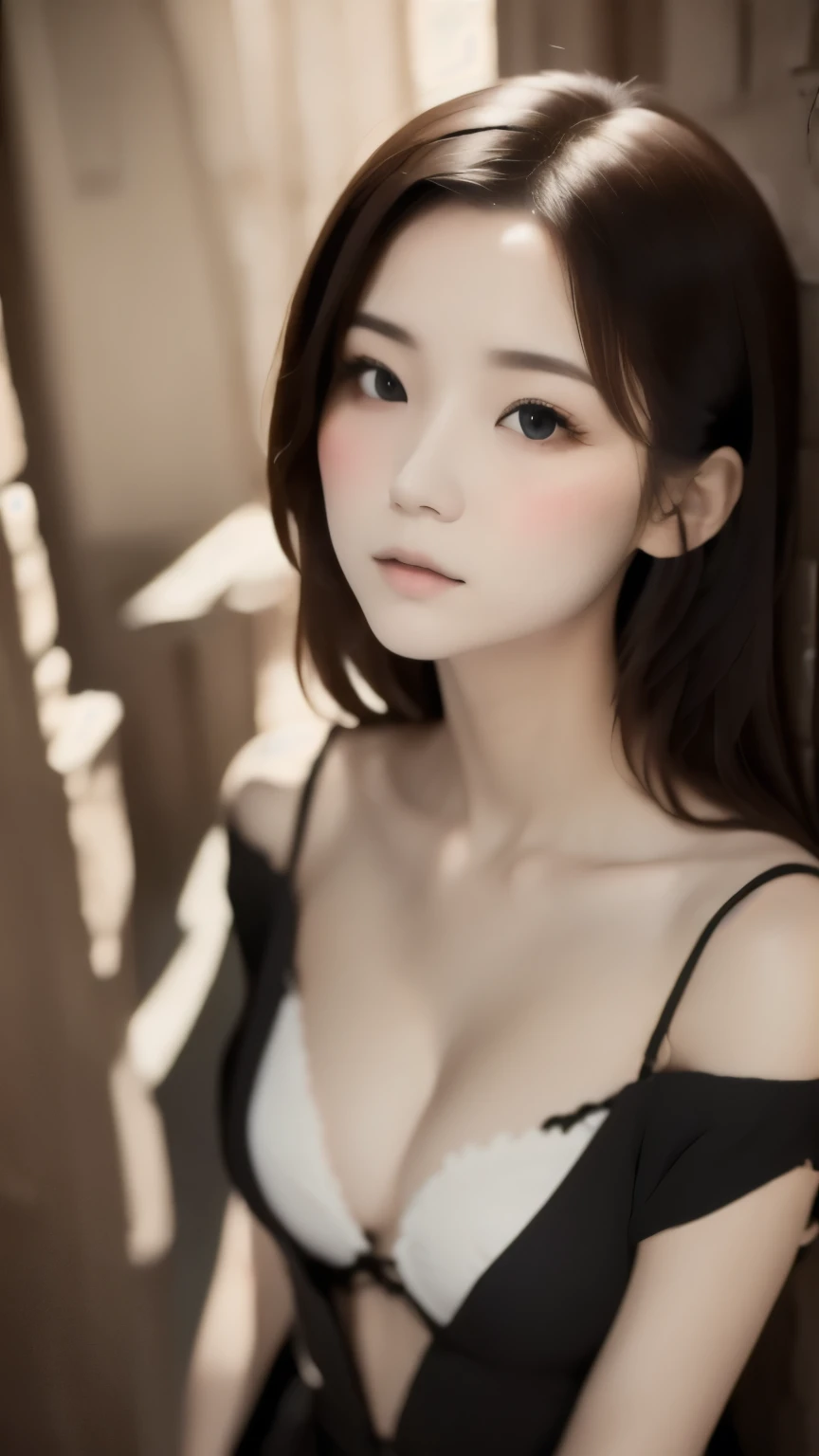 (UHigh resolution, retina, masterpiece, Accurate, Anatomically correct, Textured skin, Very detailed, Attention to detail, high quality, 最high quality, High resolution, 1080P, High resolution, 4K, 8k, 16K), (Beautiful details, Beautiful lip detail, Very detailedな目と顔), Studio Lighting, Physically Based Rendering, Vibrant colors, (Gothic Dress), (Portraiture, Shiny Hair, Glowing Skin), [Stained Glass Windows, Bokeh], (incline one's head to the side:1.5), Eye Reflexes, (blush:1.5), (Gothic art, Pale skin, From above:1.5), Monochrome,