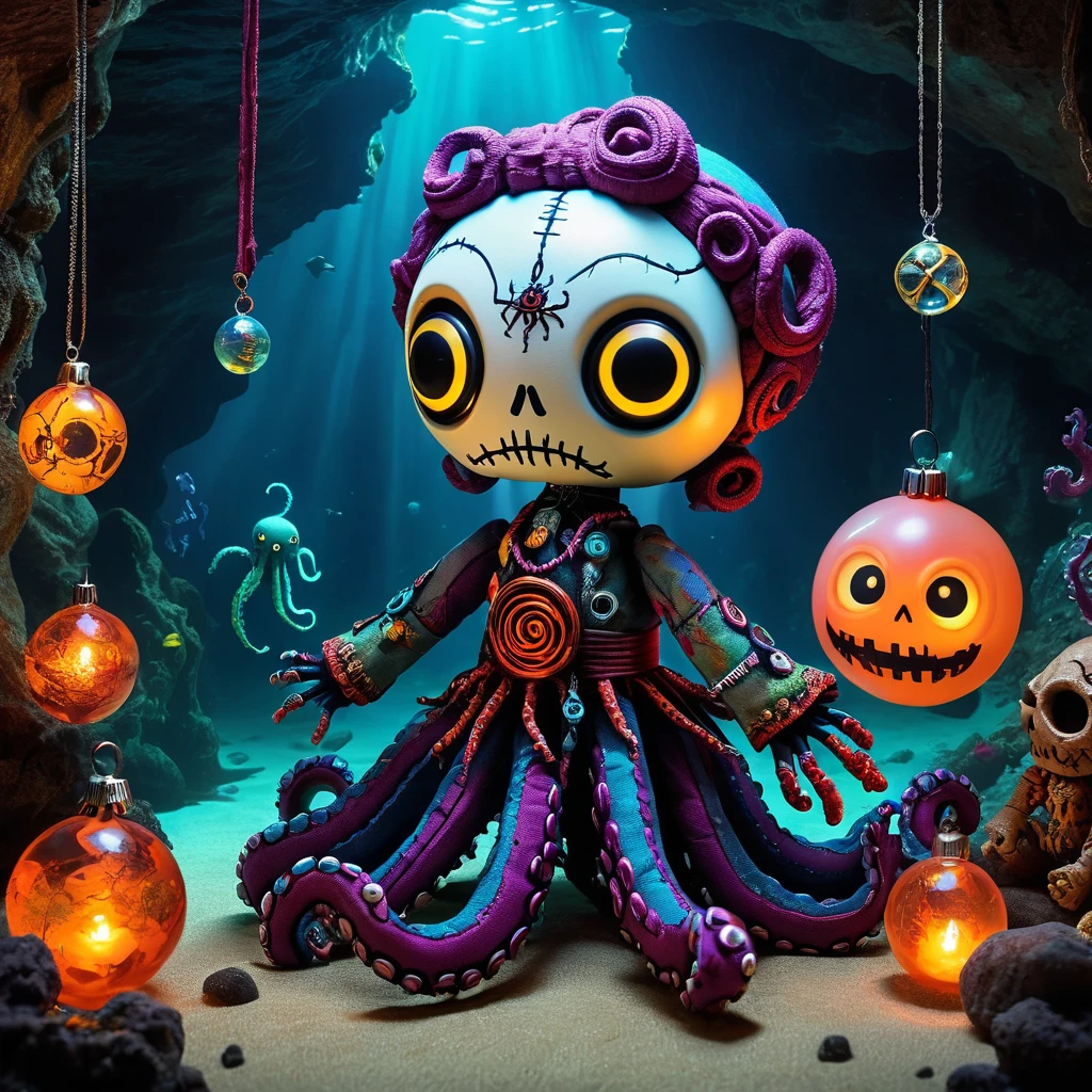 (knitted toy voodoo doll:1.7), (Voodoo Octopus Oracle:1.3), (Clothing: tattered robes with dark symbols:1.0), (Accessories: enchanted tentacles with glowing crystal orbs:1.2), (background: haunted underwater cave with floating, glowing spectral creatures and eerie light:1.2), best quality, masterpiece, detailed soft oil painting, detailed background, dramatic cinematic lighting, soft edge lighting, professional, dramatic lighting, hard edge lighting, ultra quality, 4k, masterpiece, best quality, 8k, ultra high definition, high resolution, extremely detailed