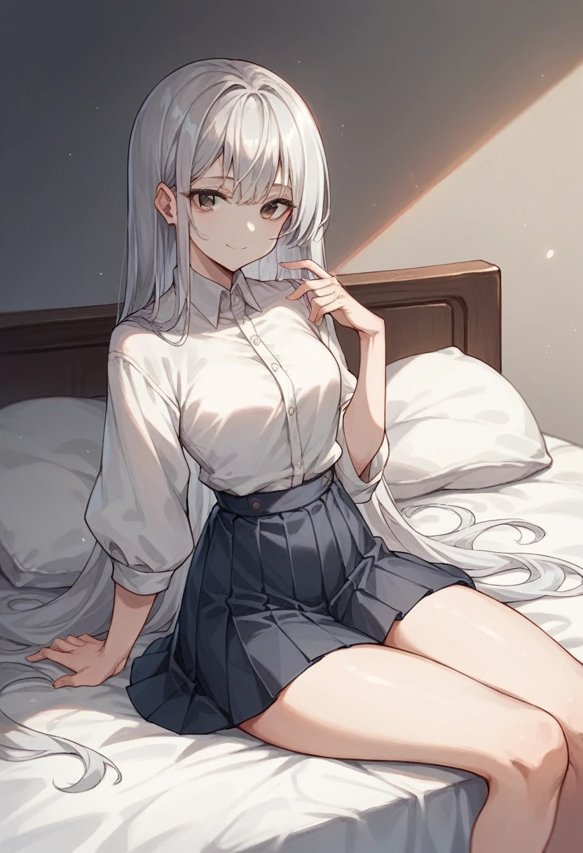 Girl sitting on bed(The girl has long silver hair Shoulder length She is wearing a white shirt and a black pleated skirt Gray Eyes White skin tall With bangs Beautiful face Thin legs Small waist, slightly large chest Smiling Silver Hair Anime Style )