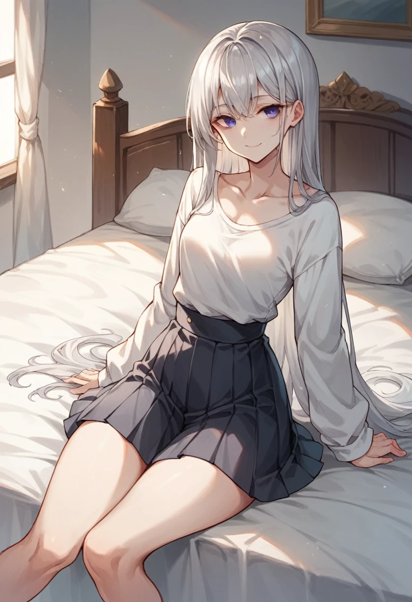 Girl sitting on bed(The girl has long silver hair Shoulder length She is wearing a white shirt and a black pleated skirt Gray Eyes White skin tall With bangs Beautiful face Thin legs Small waist, slightly large chest Smiling Silver Hair Anime Style )