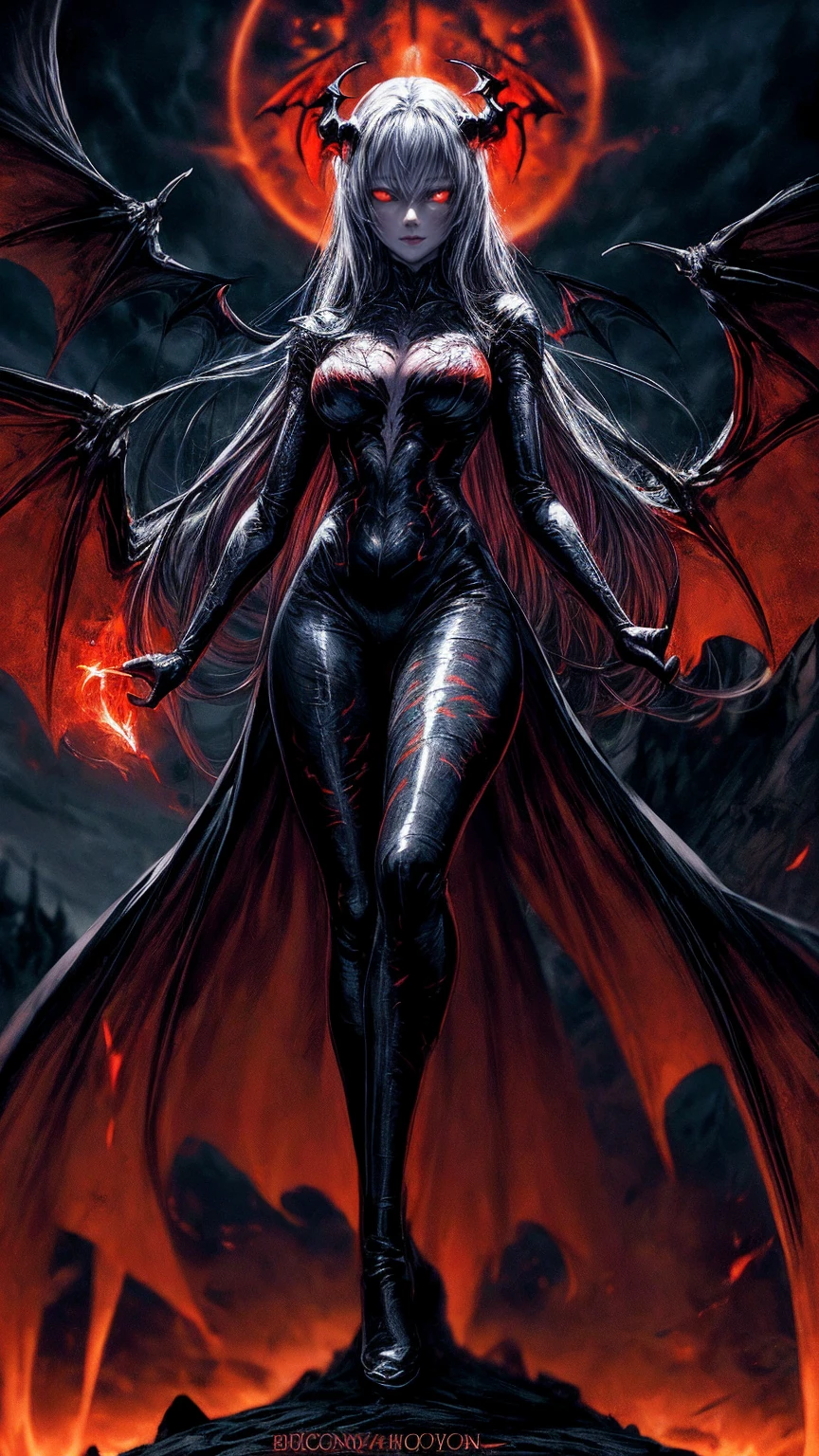 Storyboard, masterpiece, highest quality, dragonlady queen, perfect demoness, long legs, hourglass fugure, bright red glowing eyes, detailed eyes (1.4), scars on face, villainous expression, flaming skin body with bioluminescent glowing pattern, ready for battle, blurred stormy background, dark atmosphere, lighting in background,full body,