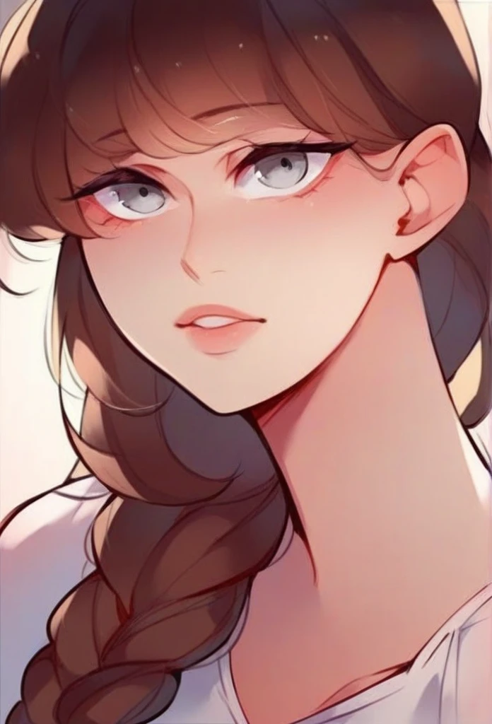juder_style, score_9, score_8_up, score_7_up, score_6_up, score_5_up, score_4_up, hd, (ultra hd quality details), 8K, 1girl, long hair, Hourglass body, gray eyes, brown hair, 2d illustration, long braid